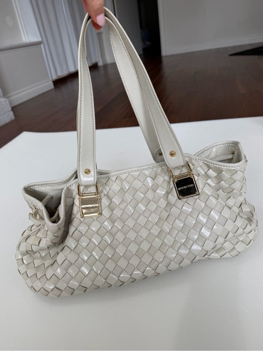 Michael Kors Ivory Woven Shoulder Bag with Gold Hardware
